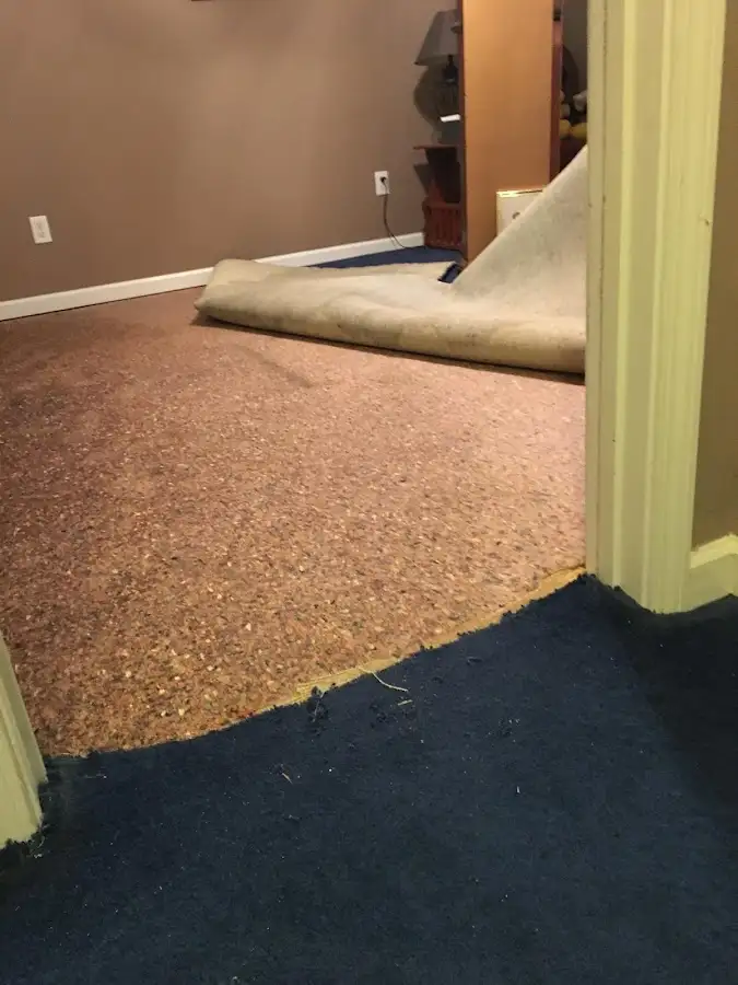 Carpet pad removal revealing water damage during Water Mitigation Services in Westlake